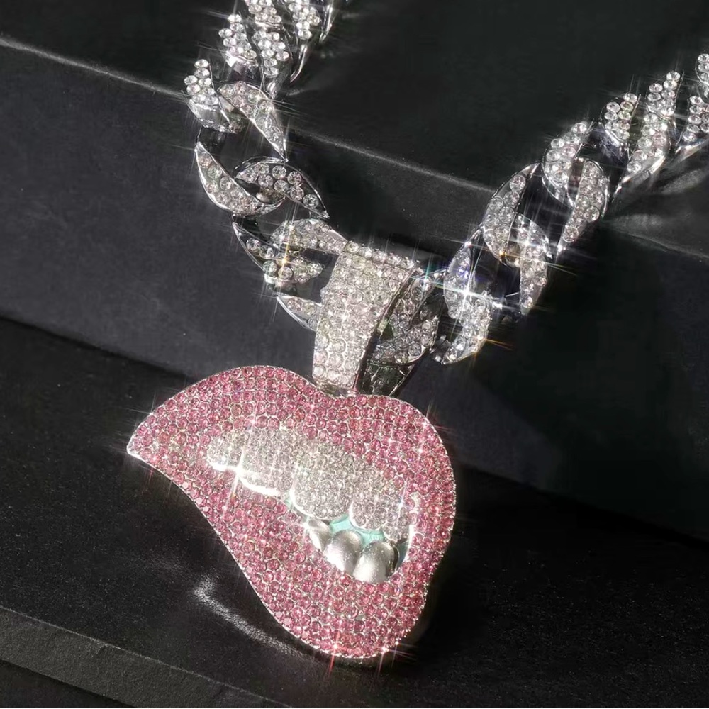Lip Biting Barbie Pink Pendant + Cuban Chain